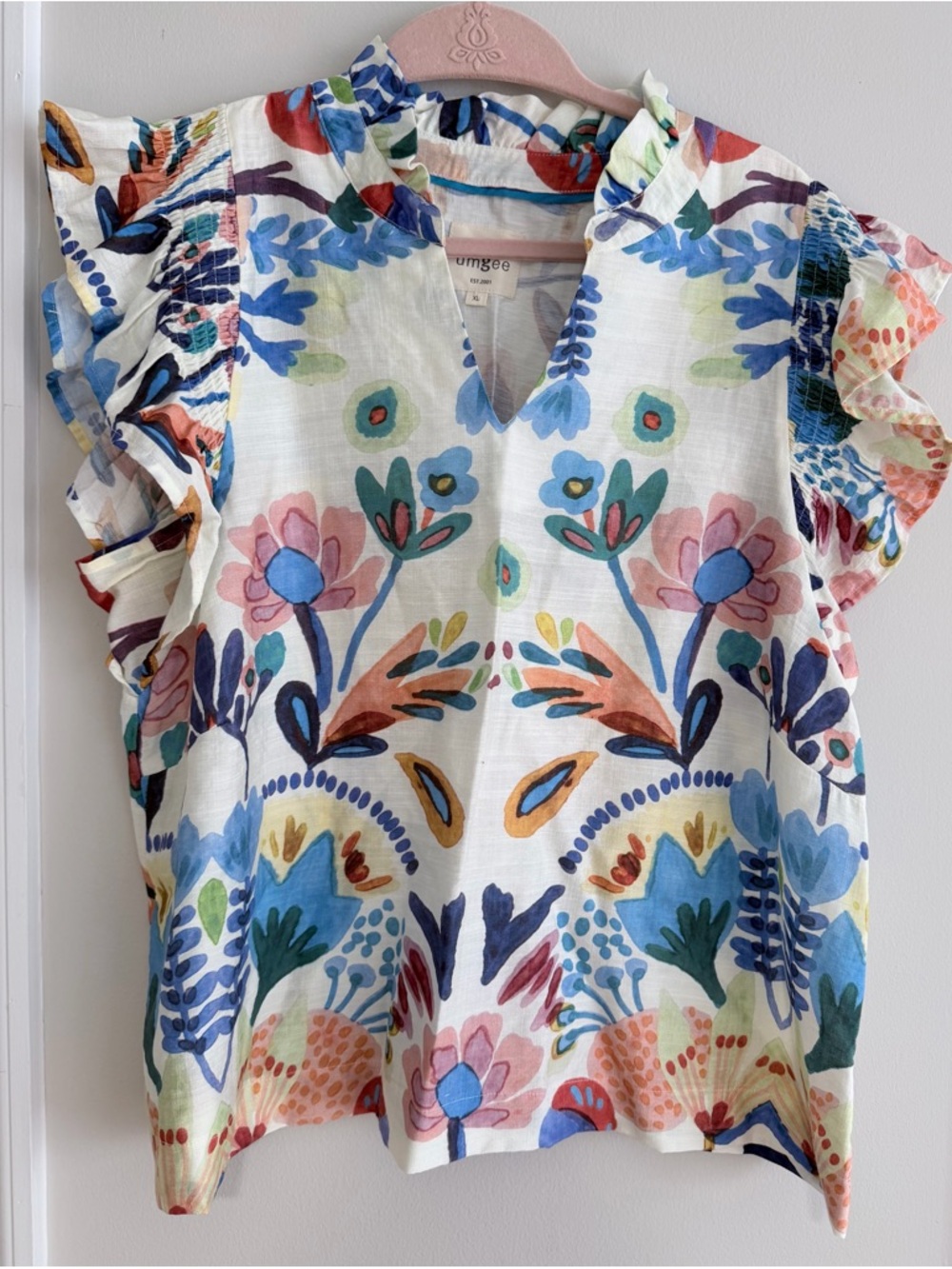 Umgee Floral Ruffle Sleeve V-Neck Top in Multicolor. *XL*